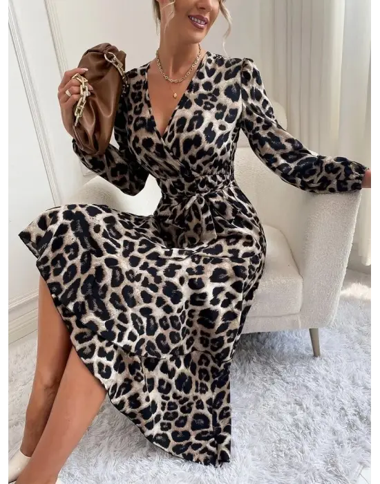 Kadın Uzun Kollu Kruvaze Yakalı Belden Kuşaklı Leopar