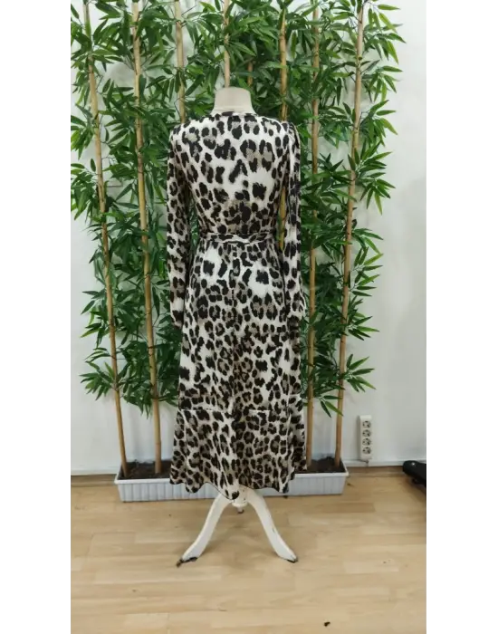 Kadın Uzun Kollu Kruvaze Yakalı Belden Kuşaklı Leopar Elbise
