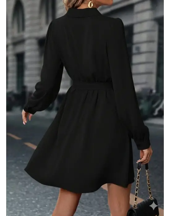 Kadın Uzun Kollu Kruvaze Yakalı Belden Kuşaklı Mini çift Katlı Ithal Krep Elbise