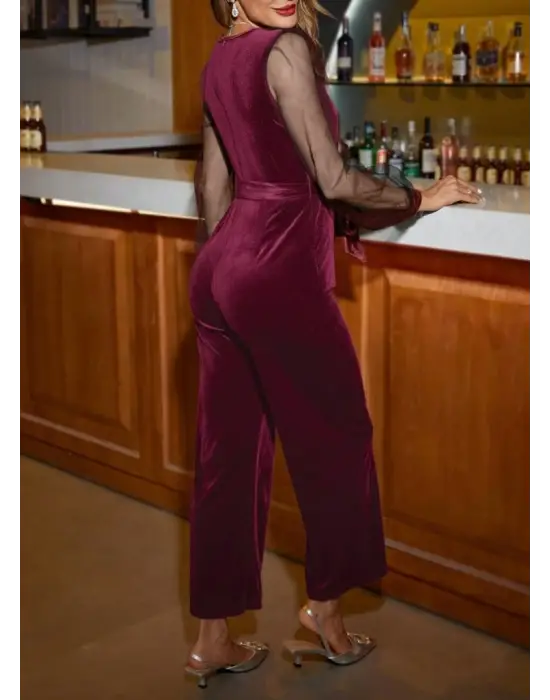 Kadın Uzun Kollu Kruvaze Yakalı Belden Kuşaklı Tül Detaylı Kadife Tulum