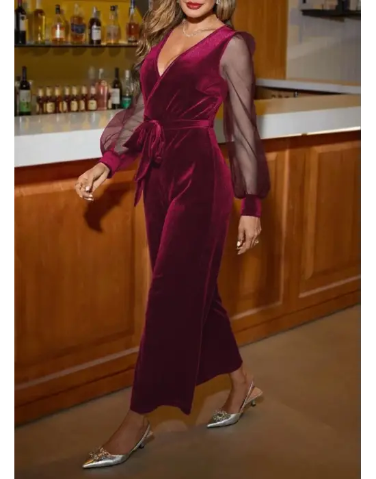 Kadın Uzun Kollu Kruvaze Yakalı Belden Kuşaklı Tül Detaylı Kadife Tulum