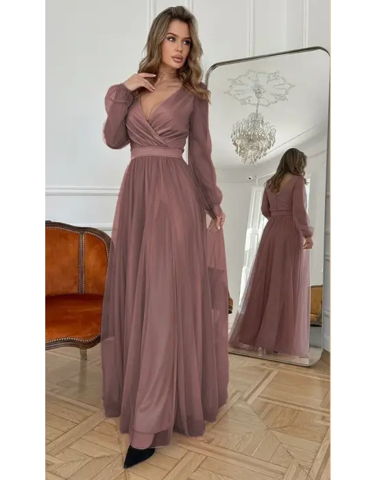 Kadın Uzun Kollu Kruvaze Yakalı Belden Kuşaklı Tüllü Uzun Ithal Krep Elbise