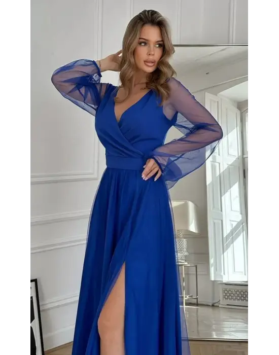 Kadın Uzun Kollu Kruvaze Yakalı Belden Kuşaklı Tüllü Uzun Ithal Krep Elbise