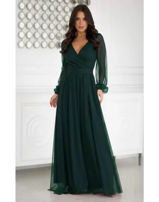 Kadın Uzun Kollu Kruvaze Yakalı Belden Kuşaklı Tüllü Uzun Ithal Krep Elbise