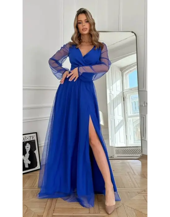 Kadın Uzun Kollu Kruvaze Yakalı Belden Kuşaklı Tüllü Uzun Ithal Krep Elbise