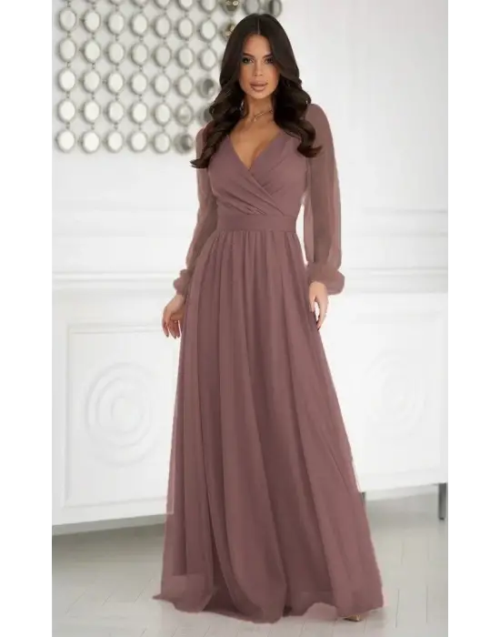 Kadın Uzun Kollu Kruvaze Yakalı Belden Kuşaklı Tüllü Uzun Ithal Krep Elbise