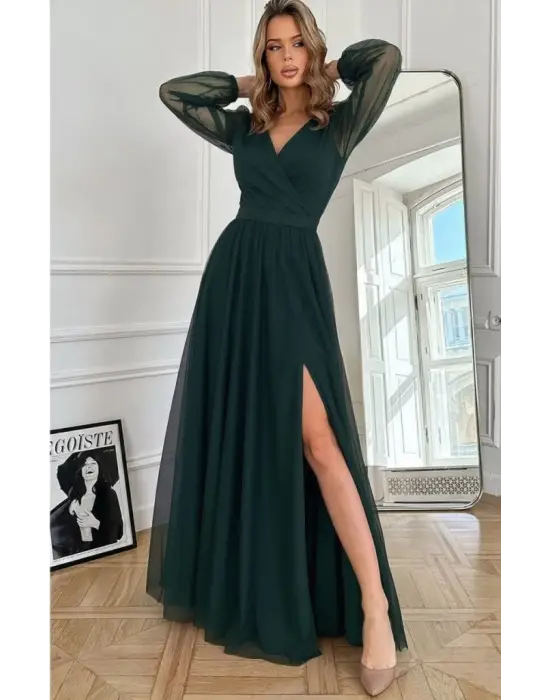 Kadın Uzun Kollu Kruvaze Yakalı Belden Kuşaklı Tüllü Uzun Ithal Krep Elbise