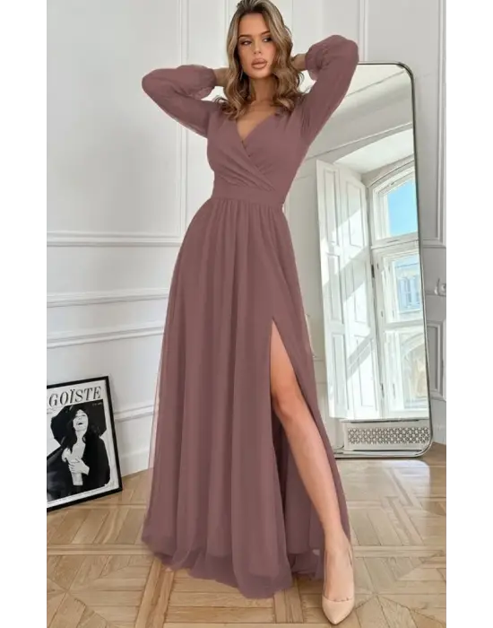 Kadın Uzun Kollu Kruvaze Yakalı Belden Kuşaklı Tüllü Uzun Ithal Krep Elbise