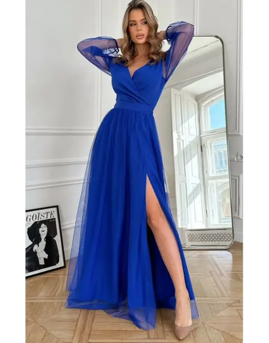 Kadın Uzun Kollu Kruvaze Yakalı Belden Kuşaklı Tüllü Uzun Ithal Krep Elbise