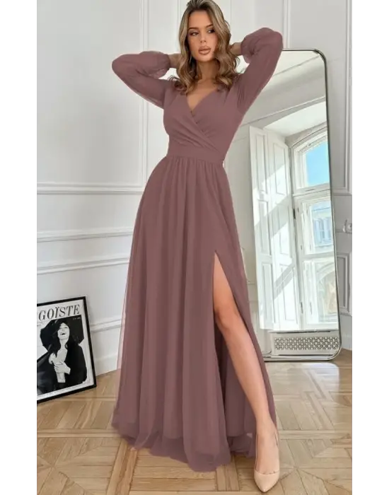 Kadın Uzun Kollu Kruvaze Yakalı Belden Kuşaklı Tüllü Uzun Ithal Krep Elbise