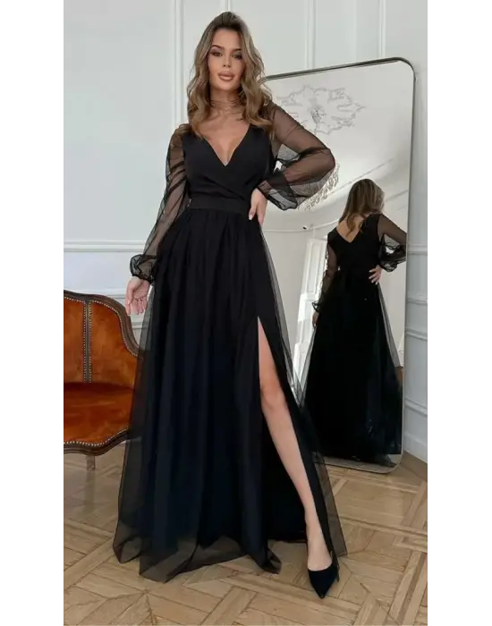 Kadın Uzun Kollu Kruvaze Yakalı Belden Kuşaklı Tüllü Uzun Ithal Krep Elbise