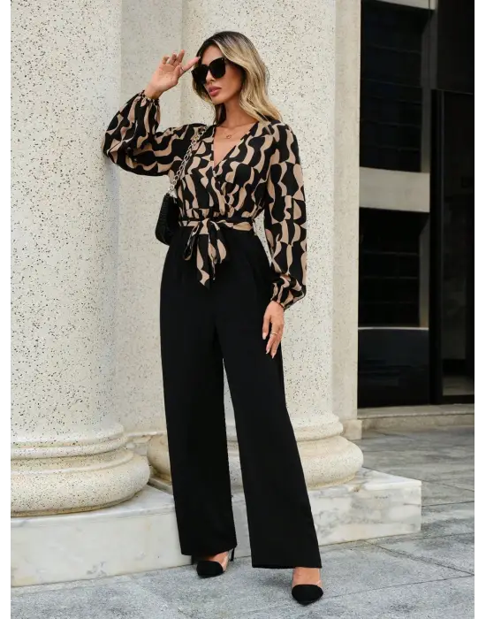 Kadın Uzun Kollu Kruvaze Yakalı Belden Kuşaklı üst Dalgıç Alt Ithal Krep Tulum