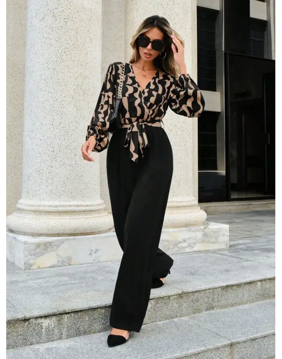 Kadın Uzun Kollu Kruvaze Yakalı Belden Kuşaklı üst Dalgıç Alt Ithal Krep Tulum