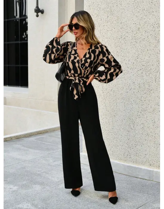 Kadın Uzun Kollu Kruvaze Yakalı Belden Kuşaklı üst Dalgıç Alt Ithal Krep Tulum