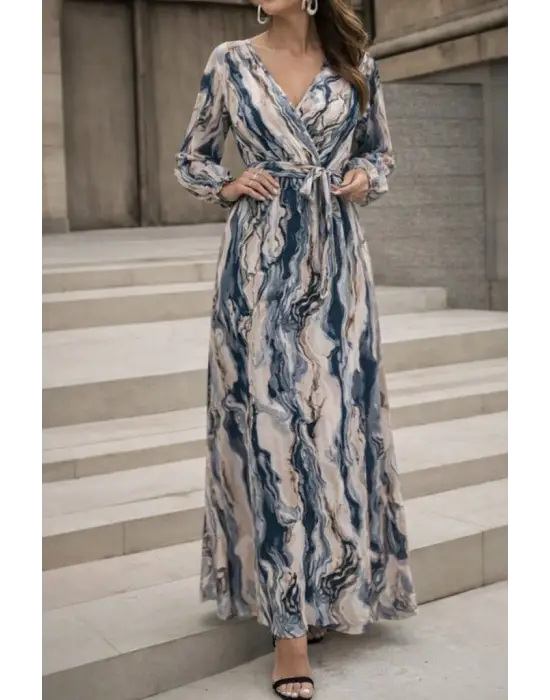 Kadın Uzun Kollu Kruvaze Yakalı Beli Kuşaklı Desenli Süprem Maxi Elbise