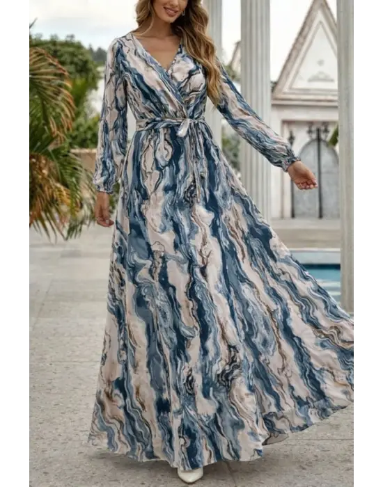 Kadın Uzun Kollu Kruvaze Yakalı Beli Kuşaklı Desenli Süprem Maxi Elbise