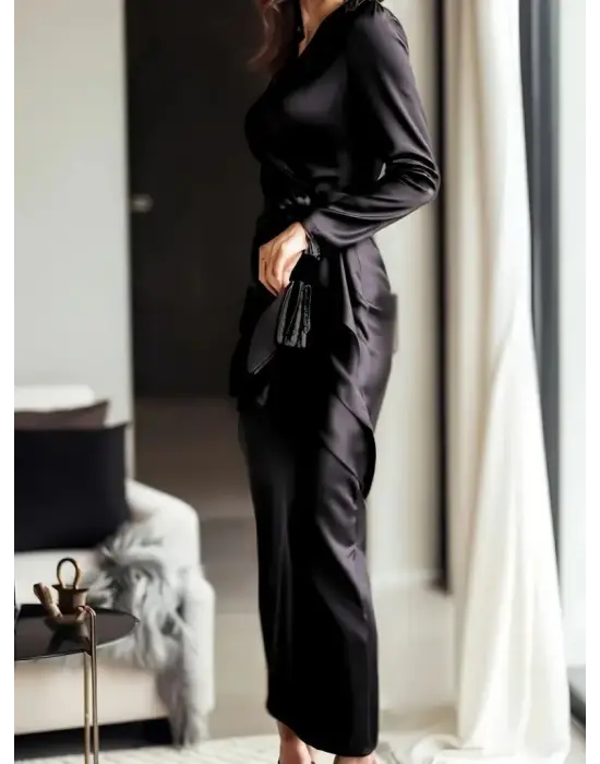 Kadın Uzun Kollu Kruvaze Yakalı Beli Kuşaklı Uzun Saten Elbise