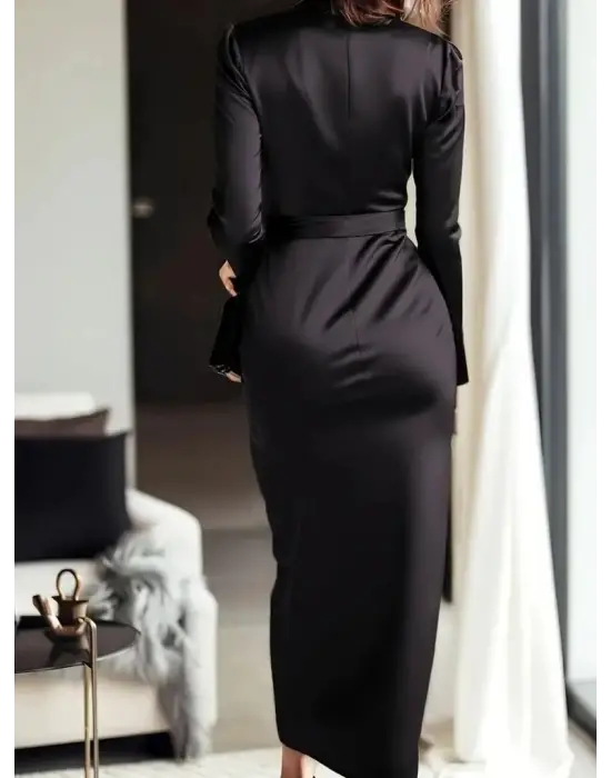 Kadın Uzun Kollu Kruvaze Yakalı Beli Kuşaklı Uzun Saten Elbise