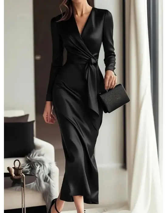 Kadın Uzun Kollu Kruvaze Yakalı Beli Kuşaklı Uzun Saten Elbise