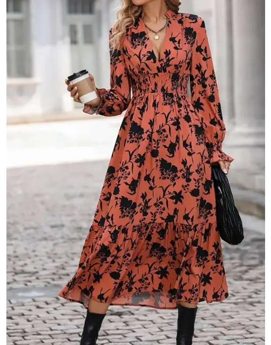 Kadın Uzun Kollu Kruvaze Yakalı çiçek Desenli Maksi Süprem Elbise