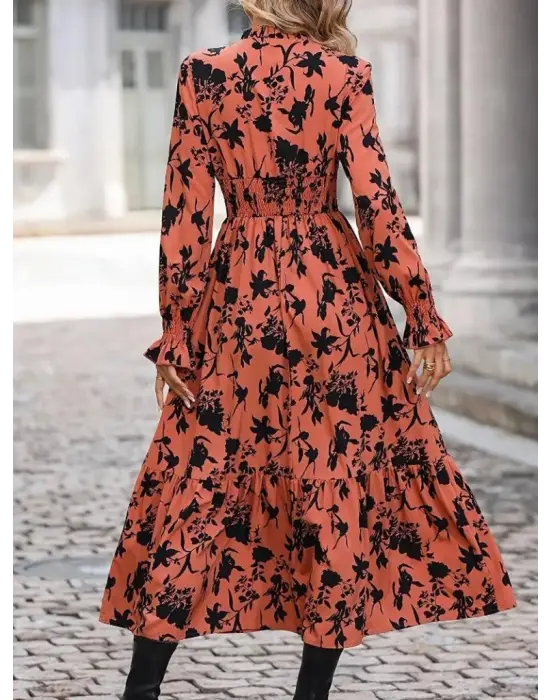 Kadın Uzun Kollu Kruvaze Yakalı çiçek Desenli Maksi Süprem Elbise