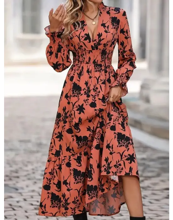 Kadın Uzun Kollu Kruvaze Yakalı çiçek Desenli Maksi Süprem Elbise