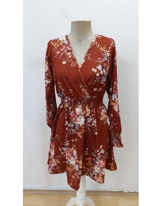 Kadın Uzun Kollu Kruvaze Yakalı çiçek Desenli Mini Süprem Elbise