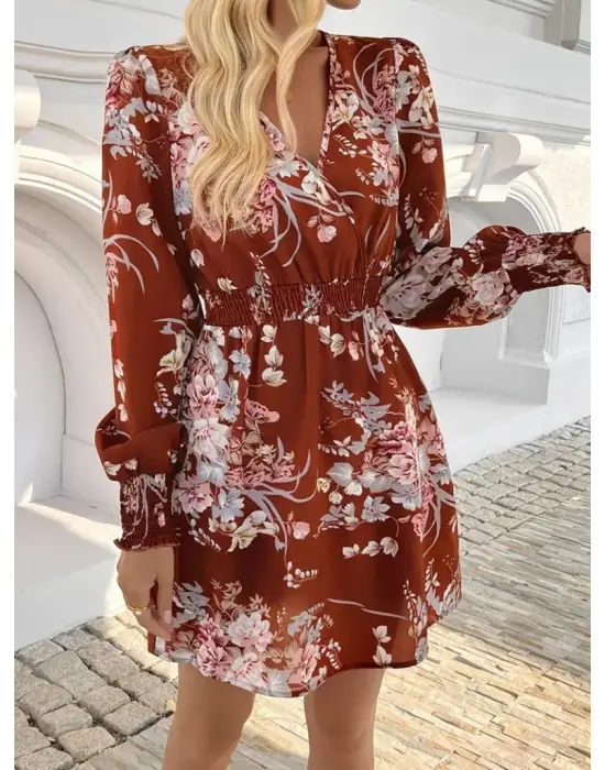 Kadın Uzun Kollu Kruvaze Yakalı çiçek Desenli Mini Süprem Elbise