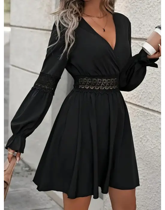 Kadın Uzun Kollu Kruvaze Yakalı Dantelli Fermuar Detaylı Kısa Ithal Krep Elbise