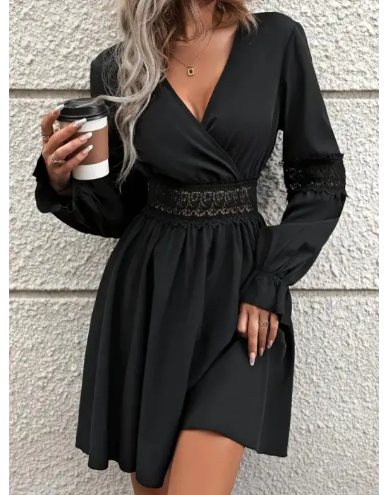 Kadın Uzun Kollu Kruvaze Yakalı Dantelli Fermuar Detaylı Kısa Ithal Krep Elbise