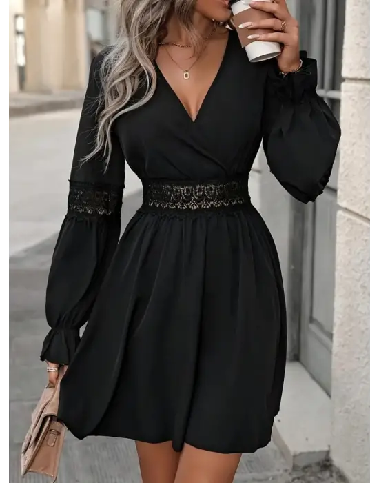 Kadın Uzun Kollu Kruvaze Yakalı Dantelli Fermuar Detaylı Kısa Ithal Krep Elbise