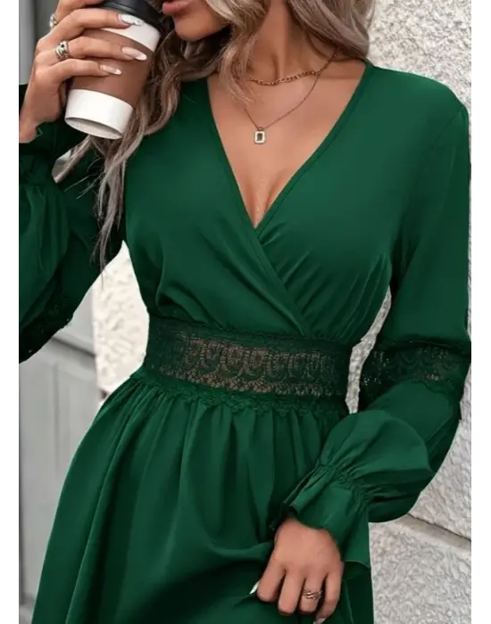 Kadın Uzun Kollu Kruvaze Yakalı Dantelli Fermuar Detaylı Mini Ithal Krep Elbise