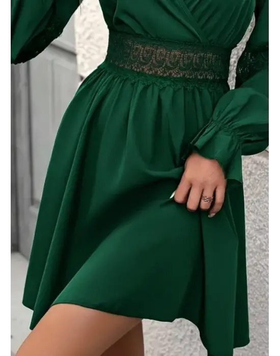 Kadın Uzun Kollu Kruvaze Yakalı Dantelli Fermuar Detaylı Mini Ithal Krep Elbise