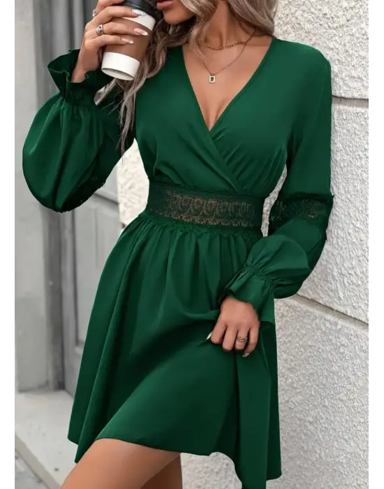 Kadın Uzun Kollu Kruvaze Yakalı Dantelli Fermuar Detaylı Mini Ithal Krep Elbise