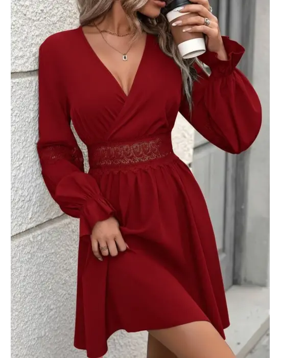 Kadın Uzun Kollu Kruvaze Yakalı Dantelli Fermuar Detaylı Mini Ithal Krep Elbise