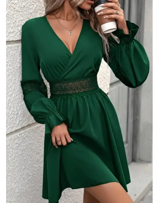 Kadın Uzun Kollu Kruvaze Yakalı Dantelli Fermuar Detaylı Mini Ithal Krep Elbise