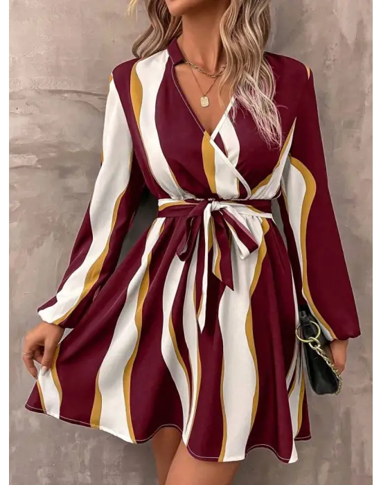 Kadın Uzun Kollu Kruvaze Yakalı Desenli Modal Mini Elbise