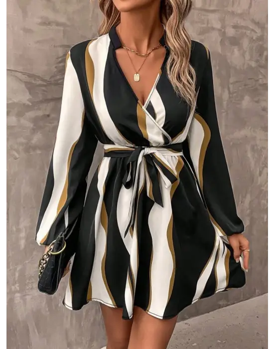 Kadın Uzun Kollu Kruvaze Yakalı Desenli Modal Mini Elbise