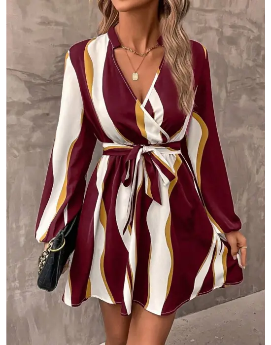 Kadın Uzun Kollu Kruvaze Yakalı Desenli Modal Mini Elbise