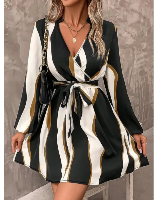 Kadın Uzun Kollu Kruvaze Yakalı Desenli Modal Mini Elbise