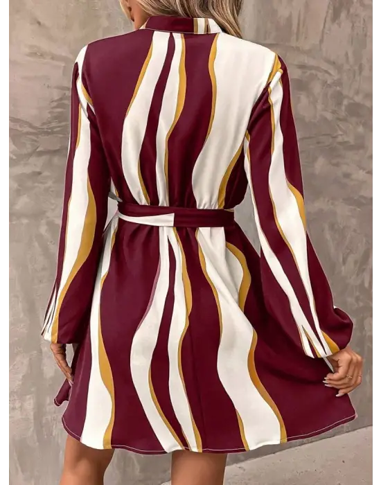 Kadın Uzun Kollu Kruvaze Yakalı Desenli Modal Mini Elbise