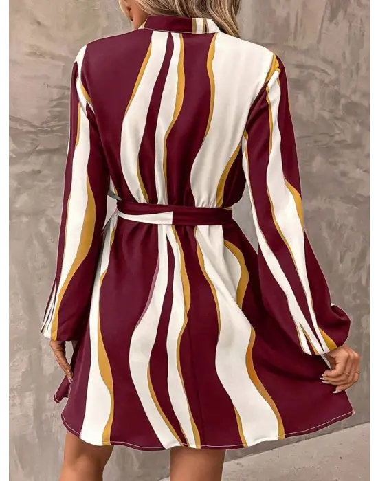 Kadın Uzun Kollu Kruvaze Yakalı Desenli Modal Mini Elbise