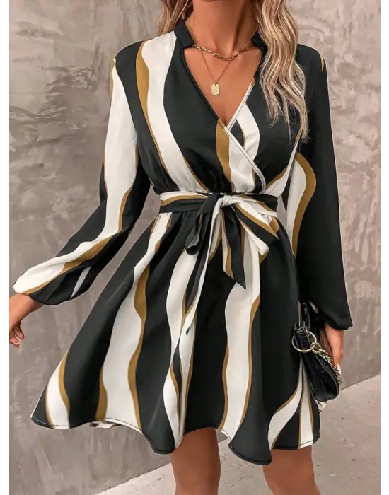 Kadın Uzun Kollu Kruvaze Yakalı Desenli Modal Mini Elbise