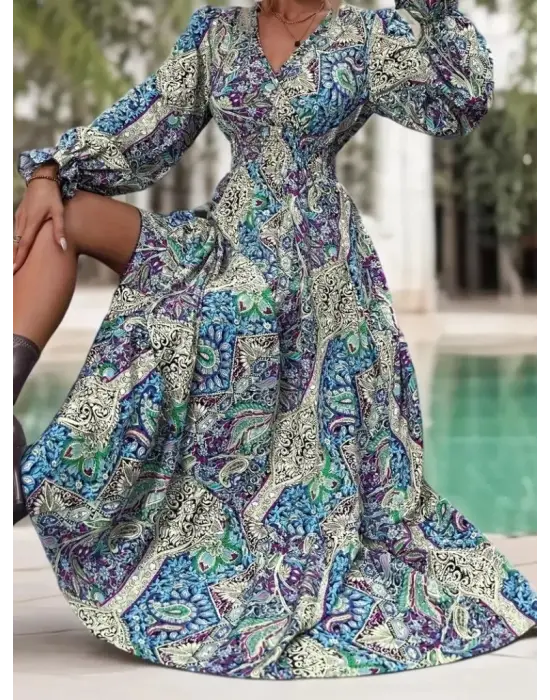 Kadın Uzun Kollu Kruvaze Yakalı Desenli Süprem Maxi Elbise