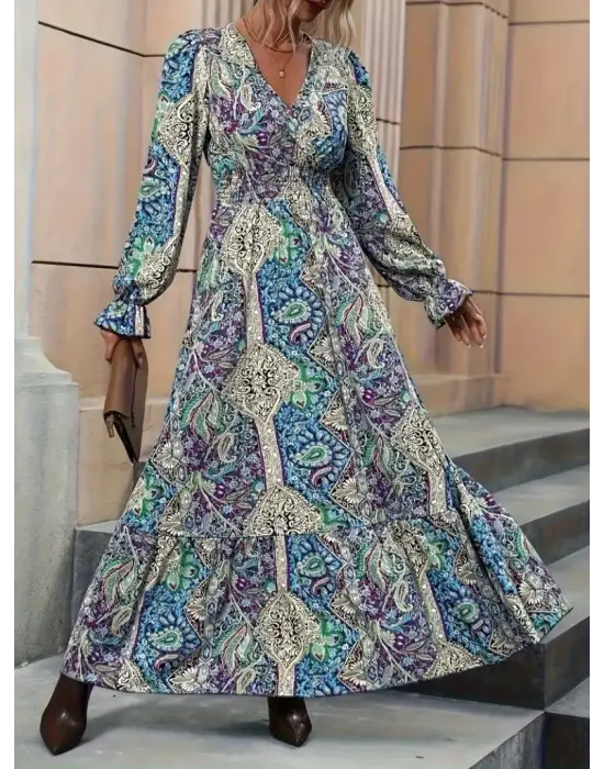 Kadın Uzun Kollu Kruvaze Yakalı Desenli Süprem Maxi Elbise