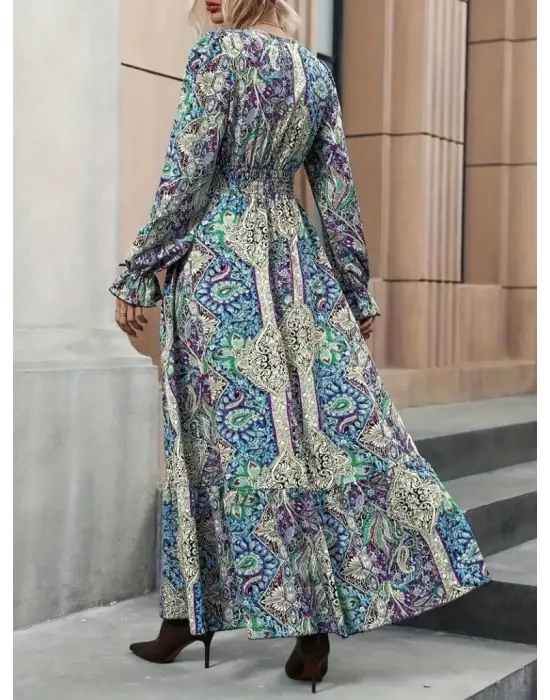 Kadın Uzun Kollu Kruvaze Yakalı Desenli Süprem Maxi Elbise