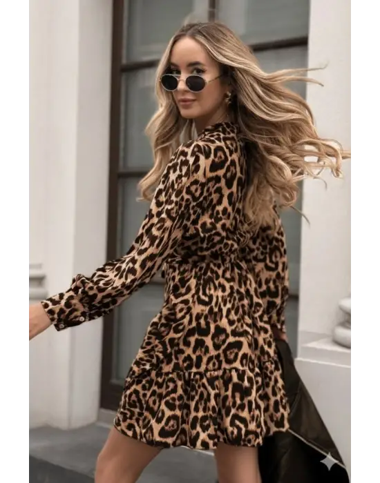 Kadın Uzun Kollu Kruvaze Yakalı Fırfırlı Belden Kuşaklı Leopar Desen Modal Elbise