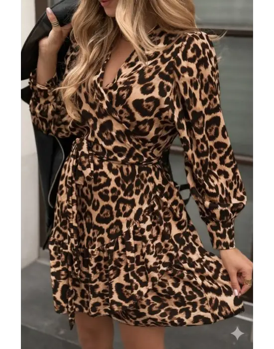 Kadın Uzun Kollu Kruvaze Yakalı Fırfırlı Belden Kuşaklı Leopar Desen Modal Elbise