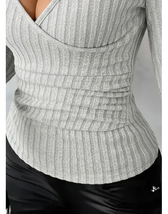 Kadın Uzun Kollu Kruvaze Yakalı Incili şardonlu Kaşkorse Bluz