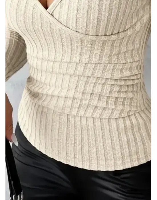 Kadın Uzun Kollu Kruvaze Yakalı Incili şardonlu Kaşkorse Bluz